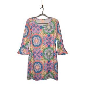 MICHELLE PARISOU $112‎ Vibrant Print 3/4 Bell Sleeve Ever-Dry Shift Dress Small